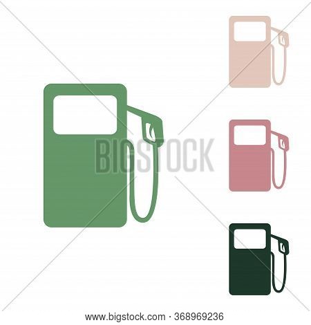 Gas Pump Sign. Russian Green Icon With Small Jungle Green, Puce And Desert Sand Ones On White Backgr