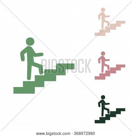 Man On Stairs Going Up. Russian Green Icon With Small Jungle Green, Puce And Desert Sand Ones On Whi