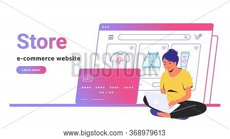 Online Store E-commerce Website Banner. Flat Line Vector Illustration Of Cute Woman Sitting Alone In