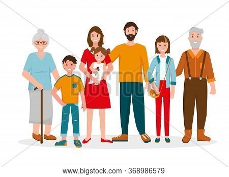 Happy Family Portrait. Three Generation - Grandparents, Father And Mother, Children Of Different Age