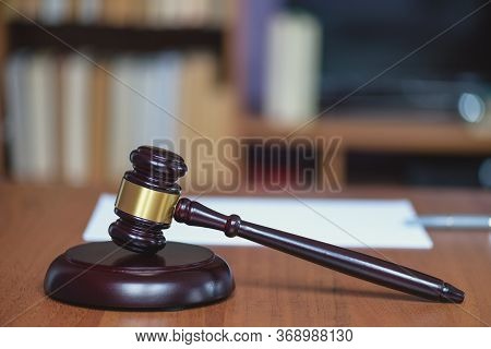 Justice And Law Concept. Wooden Hammer Of The Judge. Court And Decision. Judge Hammer On The Wooden 