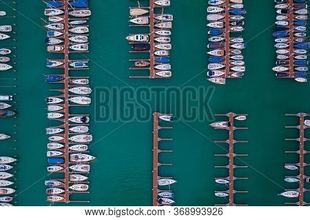 Aerial View From Above Of Balaton With
Boats, Alsóörs, Hungary