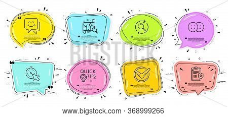 Search Map, Search And Quick Tips Signs. Speech Bubbles With Quotes. Timer, Privacy Policy And Like 