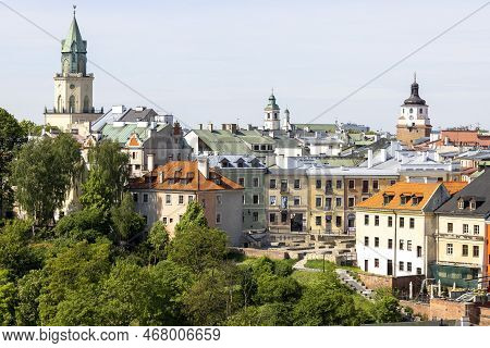 Lublin, Poland - May 23, 2022: Aerial View Of Old Parish Square With Remains Of Medieval St Michael 