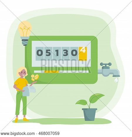 Characters Reduce Water And Energy Consumption At Home, Utilities Consumption Concept. Vector Illust