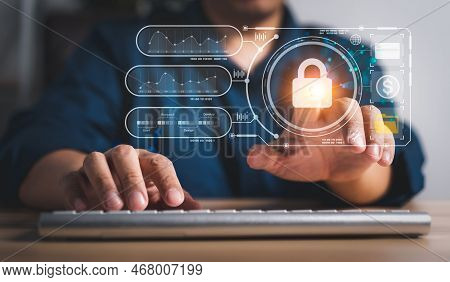 Businessman Touch A Virtual Screen To Unlock And Access Information And Document, Protection Network
