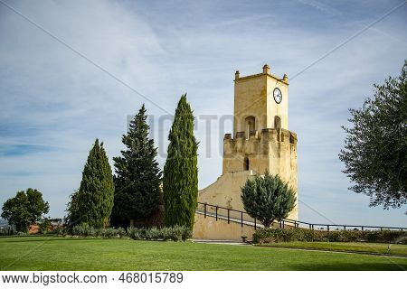 The Clock Tower At The Caselo De Moura In The Town Of Moura In Alentejo In  Portugal.  Portugal, Mou