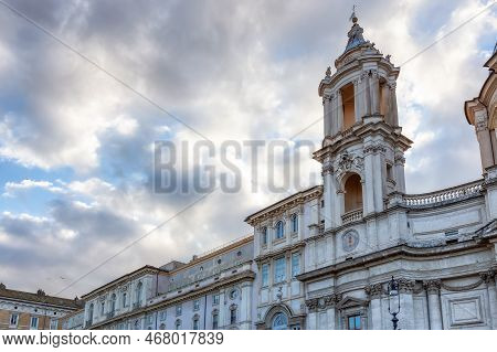 Santagnese In Agone In Piazza Navona. Historic Landmark In Rome, Italy. Cloudy Sky.
