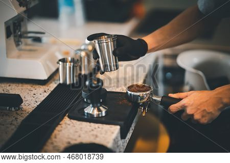 Barista Cafe Making Coffee With Manual Lever Espresso Machine Preparation Service Concept In Restaur