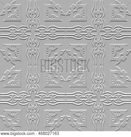 Egyptian Eyes Emboss 3d Seamless Pattern. African Tribal Ethnic White Embossed Background. Relief Ab
