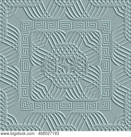 Greek Textured 3d Seamless Pattern. Vector Emboss Ornamental Background. Greek Key Meander Square Fr