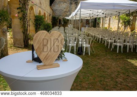 Decorated Wooden Heart In Marriage Table For Secular Wedding Ceremony Outdoor