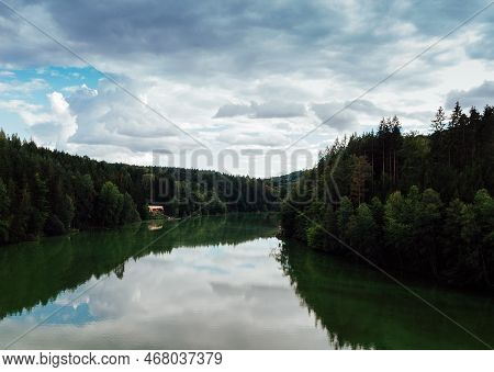 Aerial View To Meandr With Wood Building On River Vltava. Czech Landscape