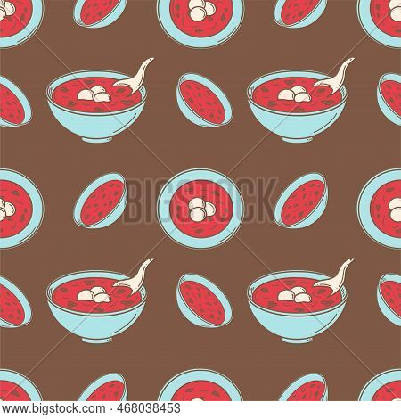 Hong Dou Tang, Sweet Chinese Red Bean Soup. Chinese New Year Dessert Vector Illustration In Doodle S