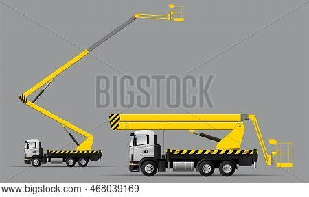 A Set Of Vector Images Of A Vehicle With An Air Basket For Work At Height In The Transport And Worki