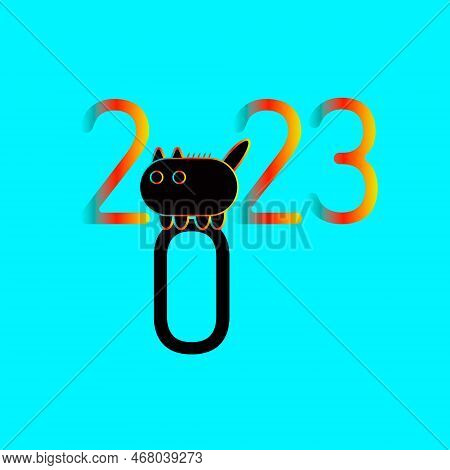 2023 Year Vector Cat Cartoon Illustration Style 70s Blue Background
