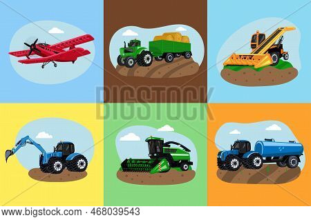 Agricultural Transport Flat Set With Harvester Plougher Excavator Biplane On Color Background Isolat