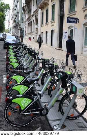 Lisbon, Portugal - June 6, 2018: Gira City Bicycle Rental Station In Lisbon, Portugal. Lisbon Is The
