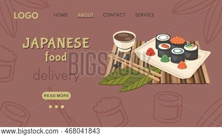 Japanese Food Delivery. Asian Banner. National Dish Closeup With Kawaii Nigiri Sushi, Chopsticks, Sa
