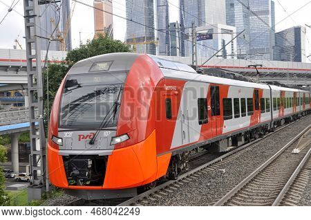 Moscow, Russia - June 12, 2022: Moscow Central Circle Modern High-speed Train Lastochka