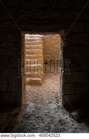 Kerak Castle, A Cruisader Fortress Interior Passage With Door And Stairs In Jordan