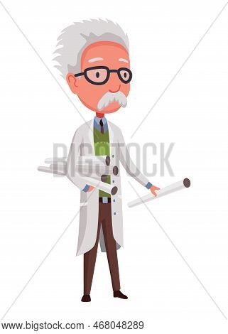 Old Scientist Holding Twisted Whatmans. Funny Moustached Character Wearing Glasses And Lab Coat. Dis