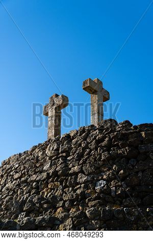 Old Stone Cross And Old Brick Stone Wall With Blue Sky - Religious Background