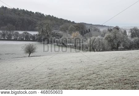 Beautiful Wintry Landscape Of Farm In Fog In English Countryside At Dawn With Hoarfrost Covering Tre