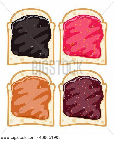 Vector Set Of White Toast Bread Slices With Fruit Jam Of Apple, Apricot. Blueberry, Peach, Raspberry