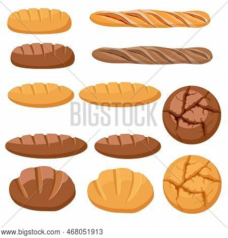 Vector Whole Grain Bread Icons Isolated On White Background. French Baguette, Wheat And Rye Loaves S