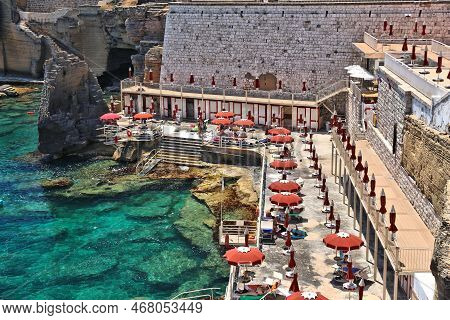 Salento, Italy - June 2, 2017: People Visit Sea Baths In Santa Cesarea Terme Spa Town Of Salento Pen