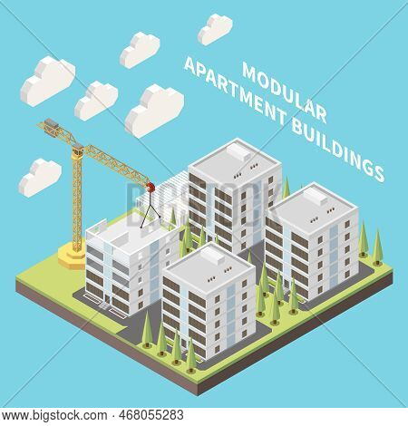 Modular Apartment Buildings With Construction Site With Concrete Block House Vector Illustration