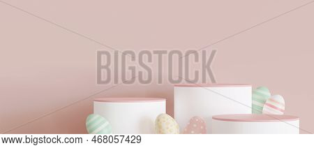Three White And Pink Podiums With Easter Eggs, Copy Space. Modern Stage For Product, Cosmetic Presen