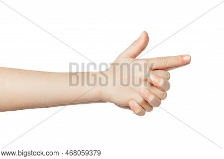 Hand Gesture Imitating A Pistol. Figner Gun Isolated On White Background. Imitation Handgun