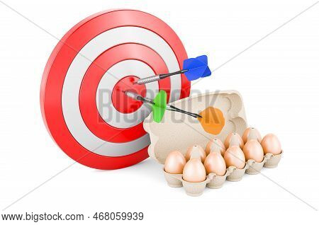 Eggs In An Egg Carton And Target With Arrows. 3d Rendering Isolated On White Background