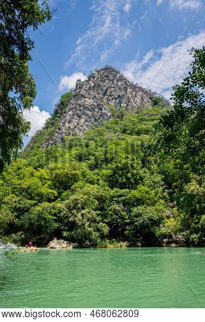 Beautiful Micos Waterfalls In San Luis Potosi Mexico With Green Panorama And Clear Water