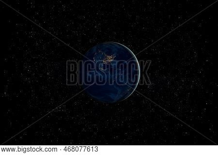Planet Earth At Dark Night In Space Surrounded By Stars. This Image Elements Furnished By Nasa.
