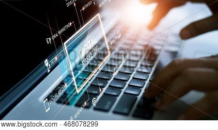 Digital Marketing Network Connection Concept. Businessman Hand Working On Laptop Computer With Graph