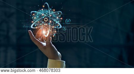 Hand Touching Data Of Brain And Science On Network Connection, Ai, Artificial Intelligence, Machine 