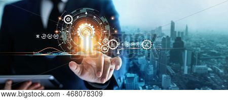 Industry 4.0, Businessman Touching Brain In Cogwheel, Innovative And Futuristic, Business Process Wo