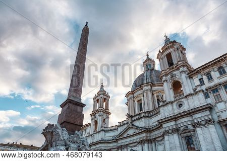 Santagnese In Agone In Piazza Navona. Historic Landmark In Rome, Italy. Cloudy Sky.
