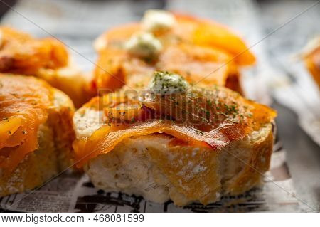 Typical Snack Of Basque Country, Pinchos Or Pinxtos Skewers With Small Pieces Of Bread, Sea Food, Eg