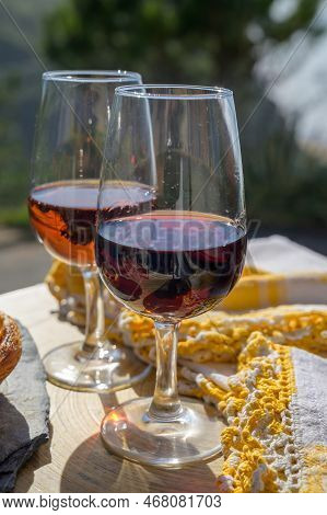 Portugal's Traditional Food And Drink, Glass Of Porto Wine, Muscatel De Setubal And Sweet Dessert Pa