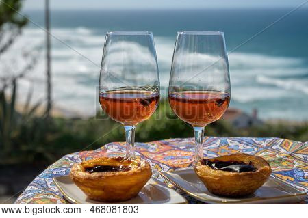 Portugal's Traditional Food And Drink, Glasses Of Porto Wine Or Muscatel De Setubal And Sweet Desser