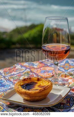 Portugal's Traditional Food And Drink, Glass Of Porto Wine Or Muscatel De Setubal And Sweet Dessert