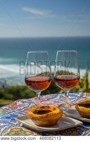Portugal's Traditional Food And Drink, Glasses Of Porto Wine Or Muscatel De Setubal And Sweet Desser