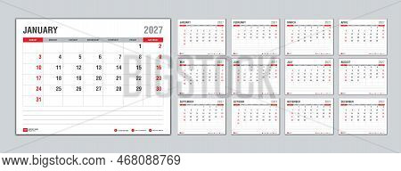 Monthly Calendar Template For 2027 Year, Week Starts On Sunday, Planner 2027 Year, Wall Calendar In 