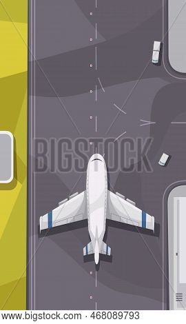 City Airport Terminal Outdoor Facility Element With Plane Moving Along Runway Top View Cartoon Vecto