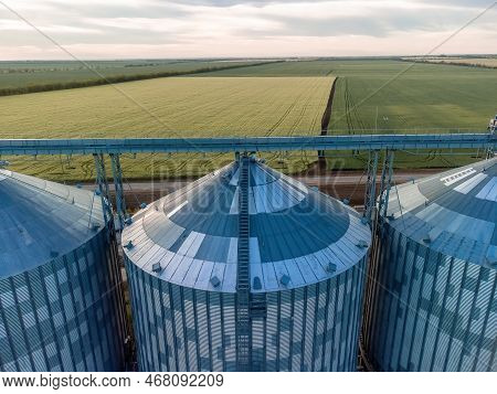 Grain Elevator. Metal Grain Elevator In Agricultural Zone. Agriculture Storage For Harvest. Grain Si