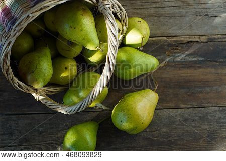 Pears On A Wooden Background. Fruit Harvest. Autumn Still Life. Pear Variety Bera Conference.